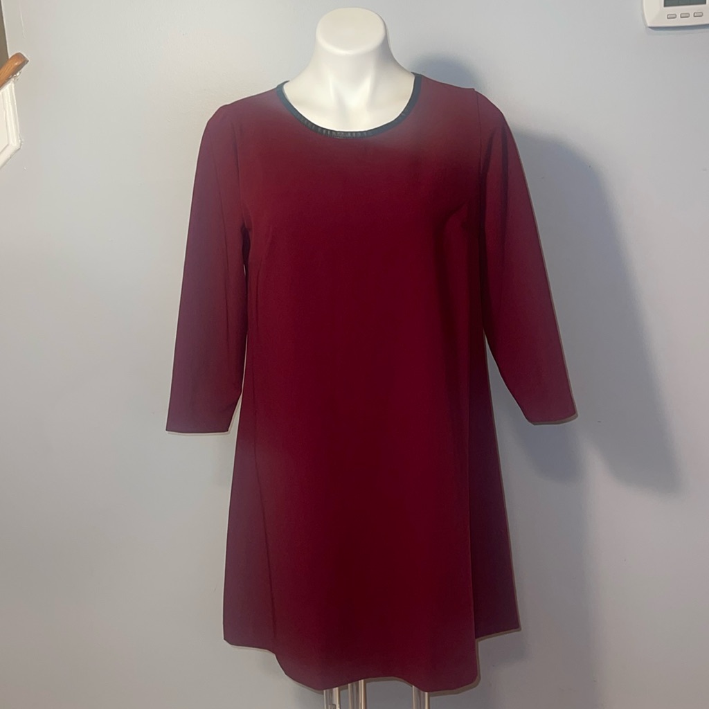 Eci Ladies Maroon 3/4 Sleeves A-Line Dress. Size Medium. Black Faux Leather Trim